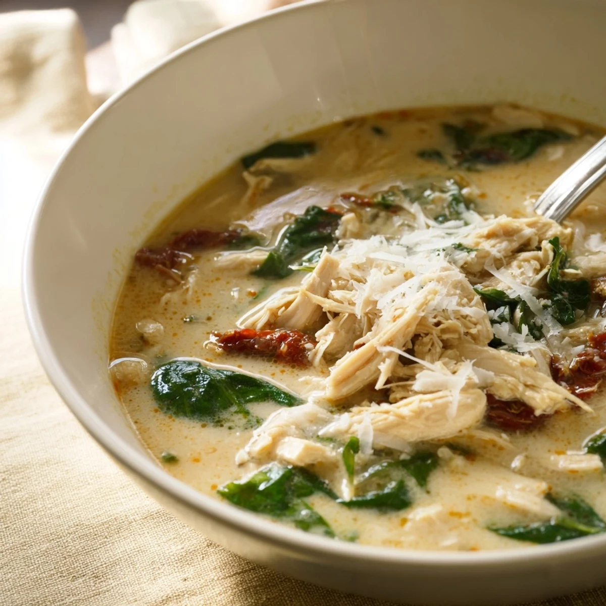 A warm bowl of Creamy Tuscan Chicken Soup garnished with fresh spinach and sun-dried tomatoes.