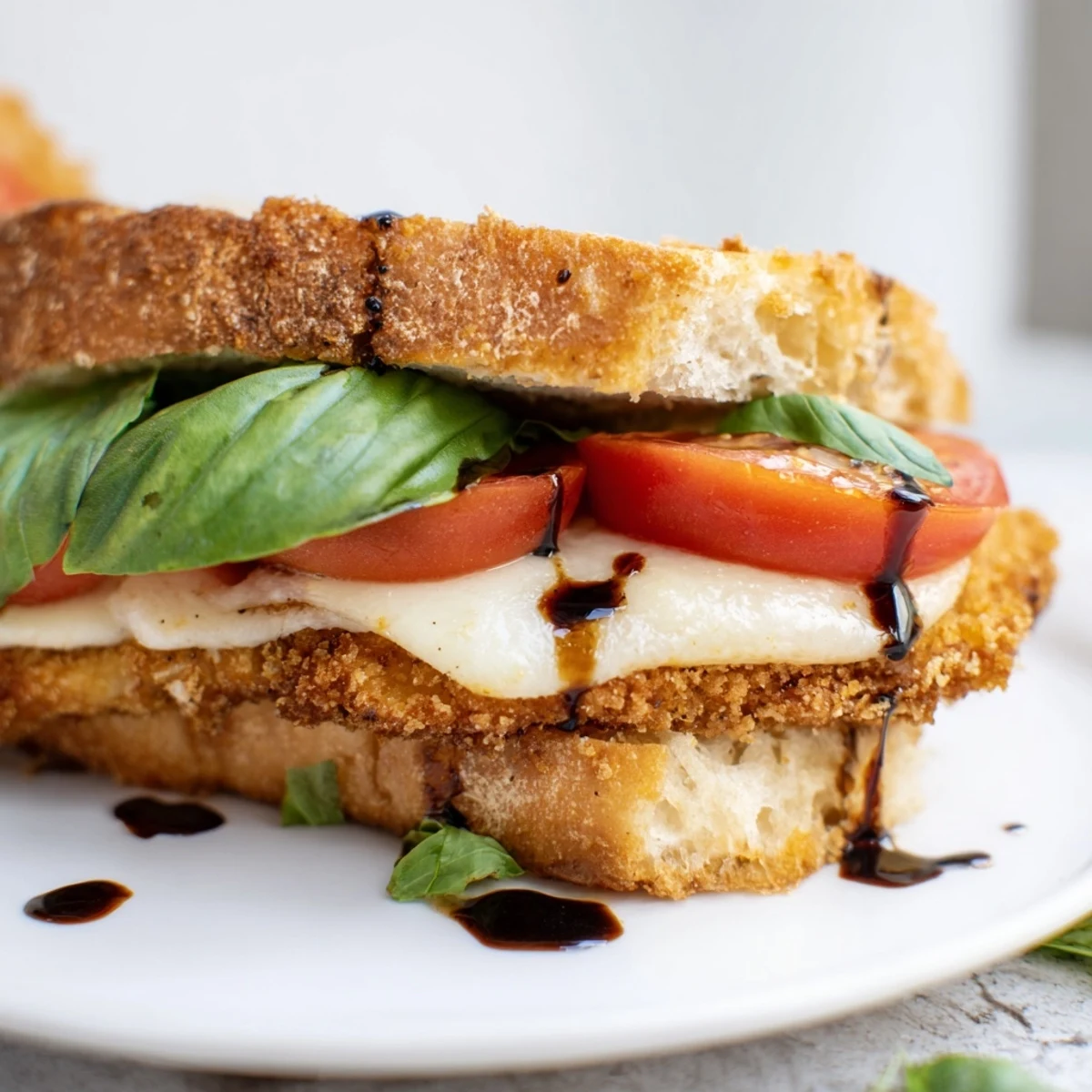 Golden Crispy Chicken Caprese Sandwich layered with melted mozzarella and fresh basil on toasted ciabatta.  
