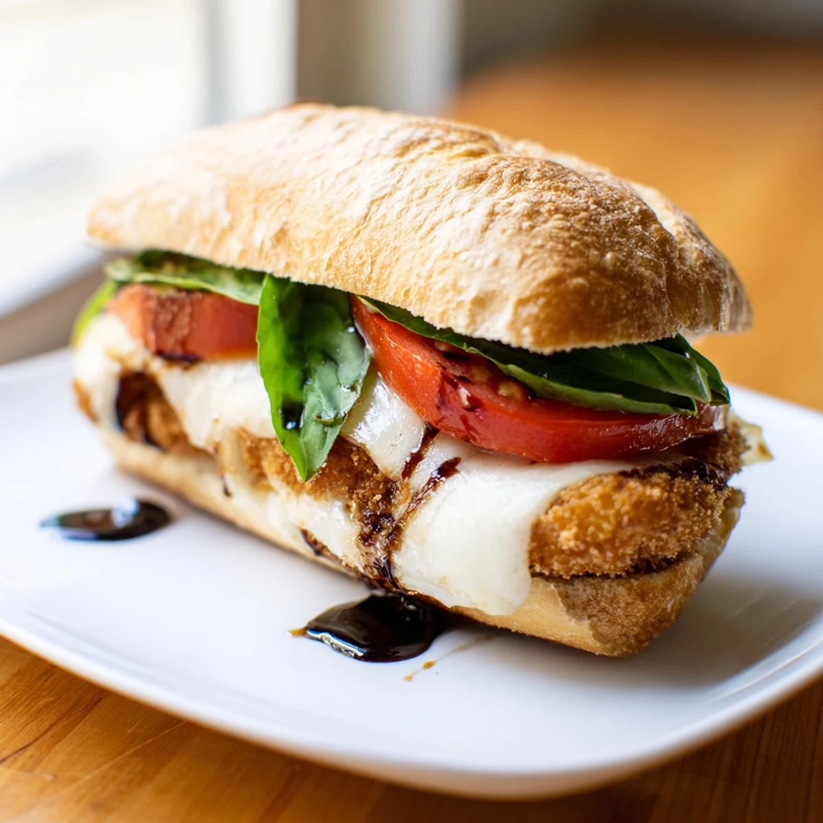 Savor a Crispy Chicken Caprese Sandwich stacked high on a rustic wooden board, perfect for lunch.