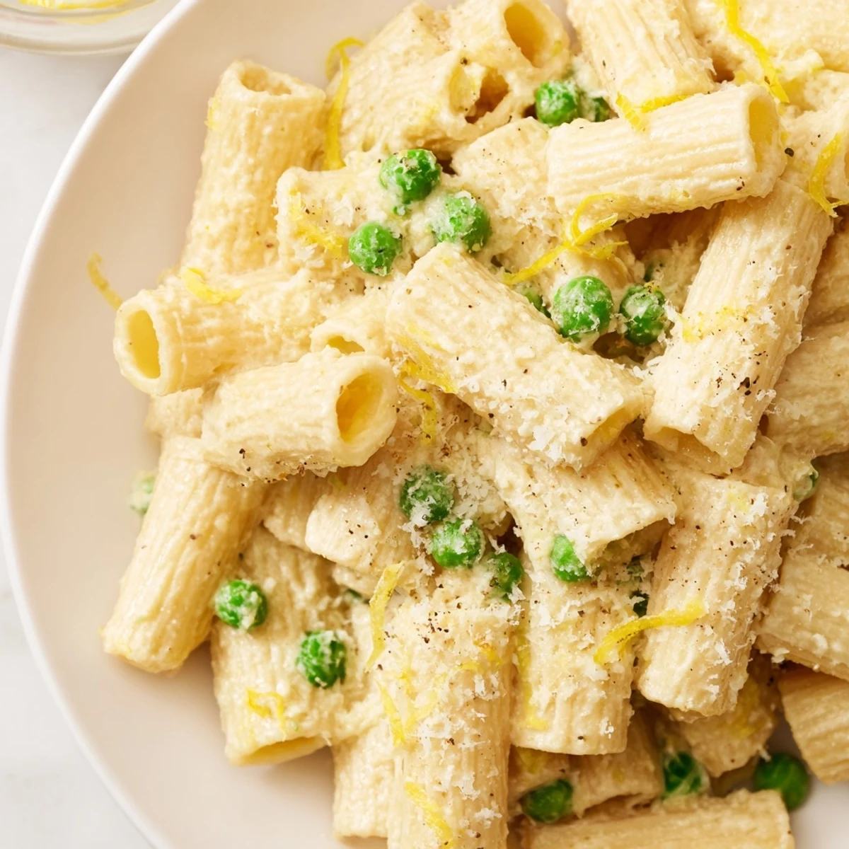 Creamy ricotta and bright lemon zest coat rigatoni pasta with sweet green peas in a light, spring-inspired dish.