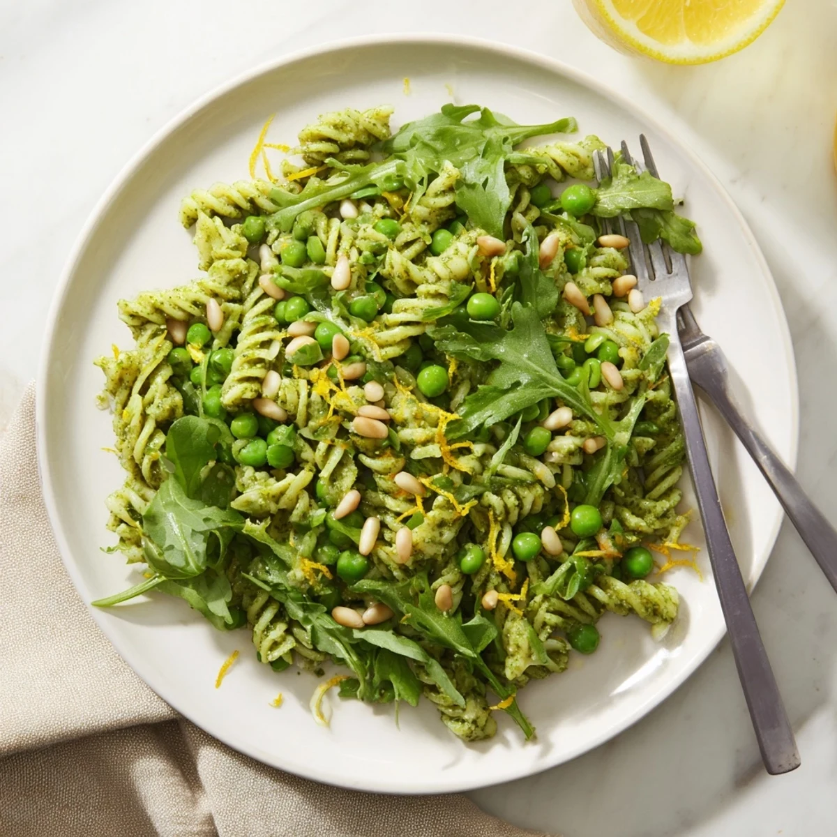 Freshly tossed Spring Green Pesto Pasta Salad with peas, arugula, and pine nuts for a vibrant, cold side dish.