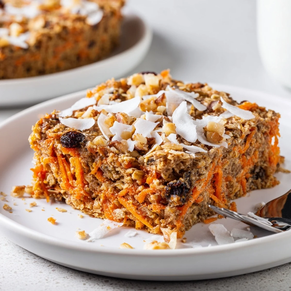 Freshly baked Carrot Cake Baked Oatmeal with shredded carrots, raisins, and a cozy cinnamon aroma.