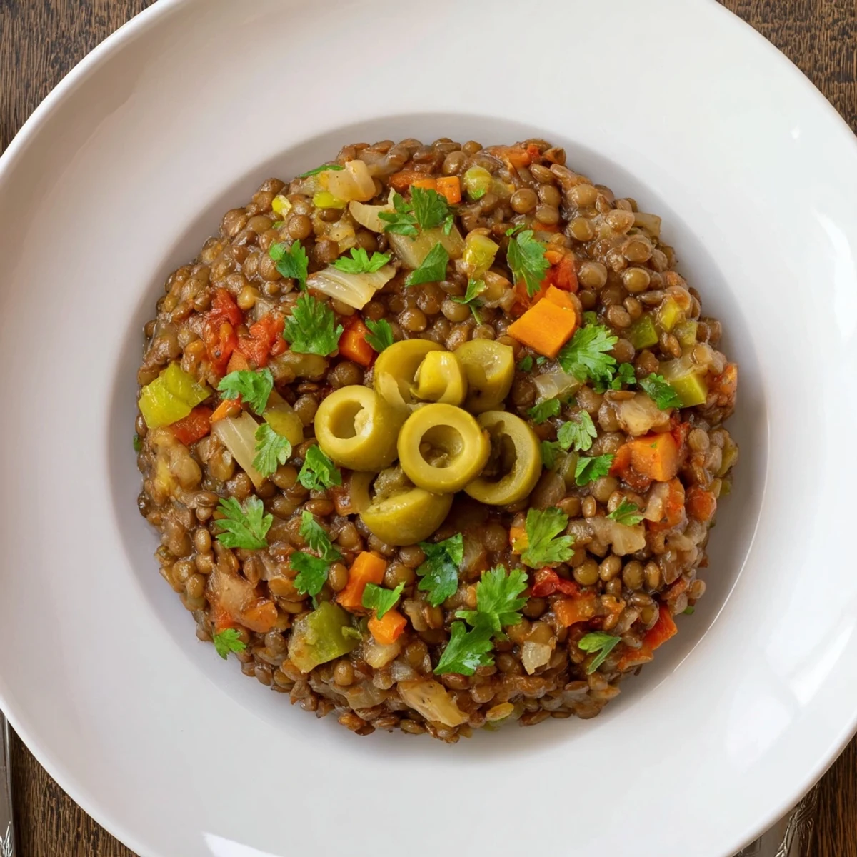 A colorful serving of Cuban-Inspired Lentil Picadillo dotted with carrots and peppers, ready for a family-style dinner.