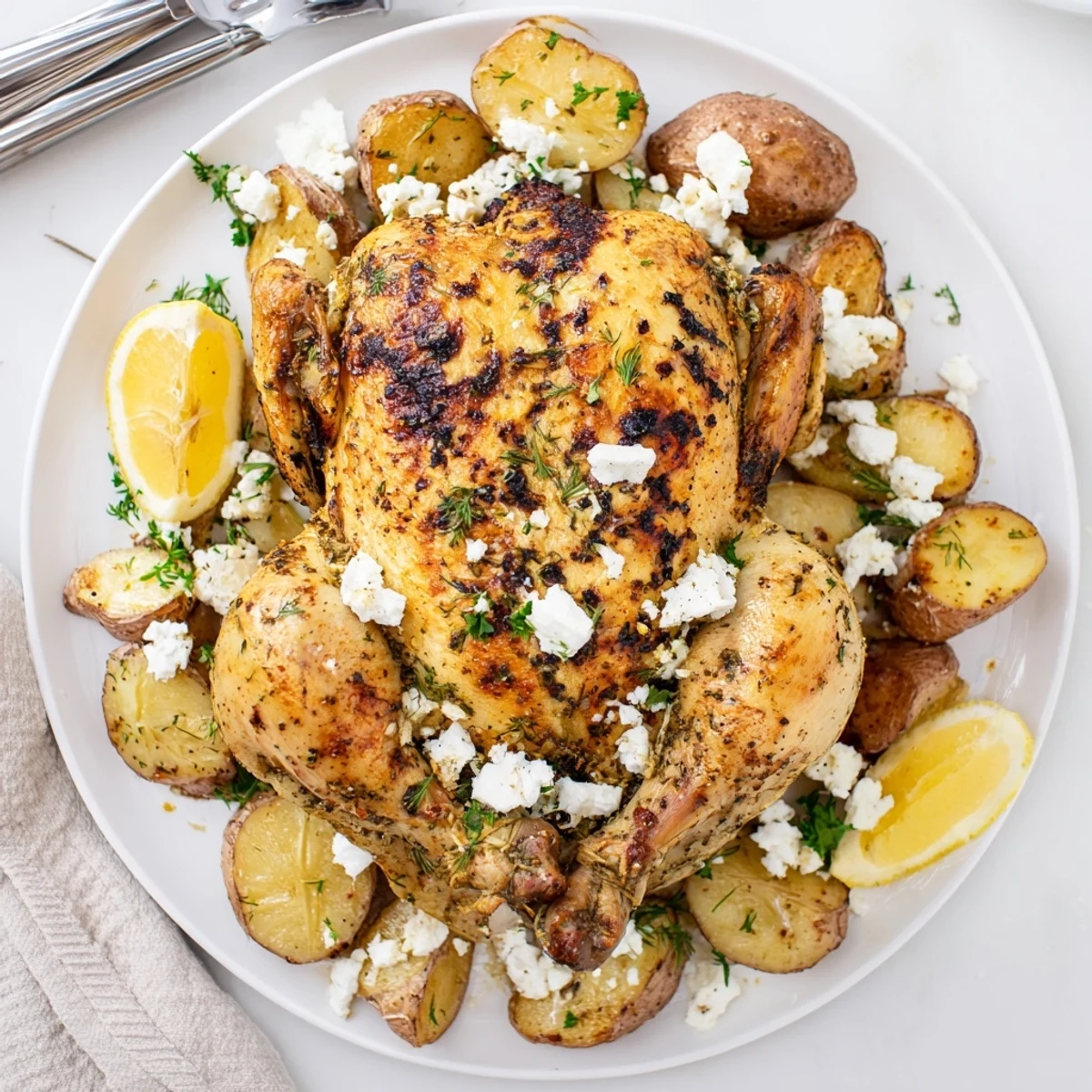 Juicy Roasted Chicken with Pot Potatoes, Lemon Herbs, and Feta is served family-style with buttery potatoes and vibrant fresh herbs.