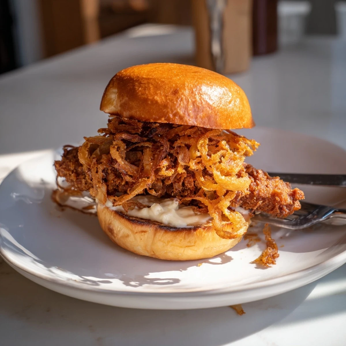 Juicy buttermilk-marinated chicken, creamy garlic aioli, and crunchy onions stacked high on a soft brioche bun in the Crispy Onion Chicken Sandwich.