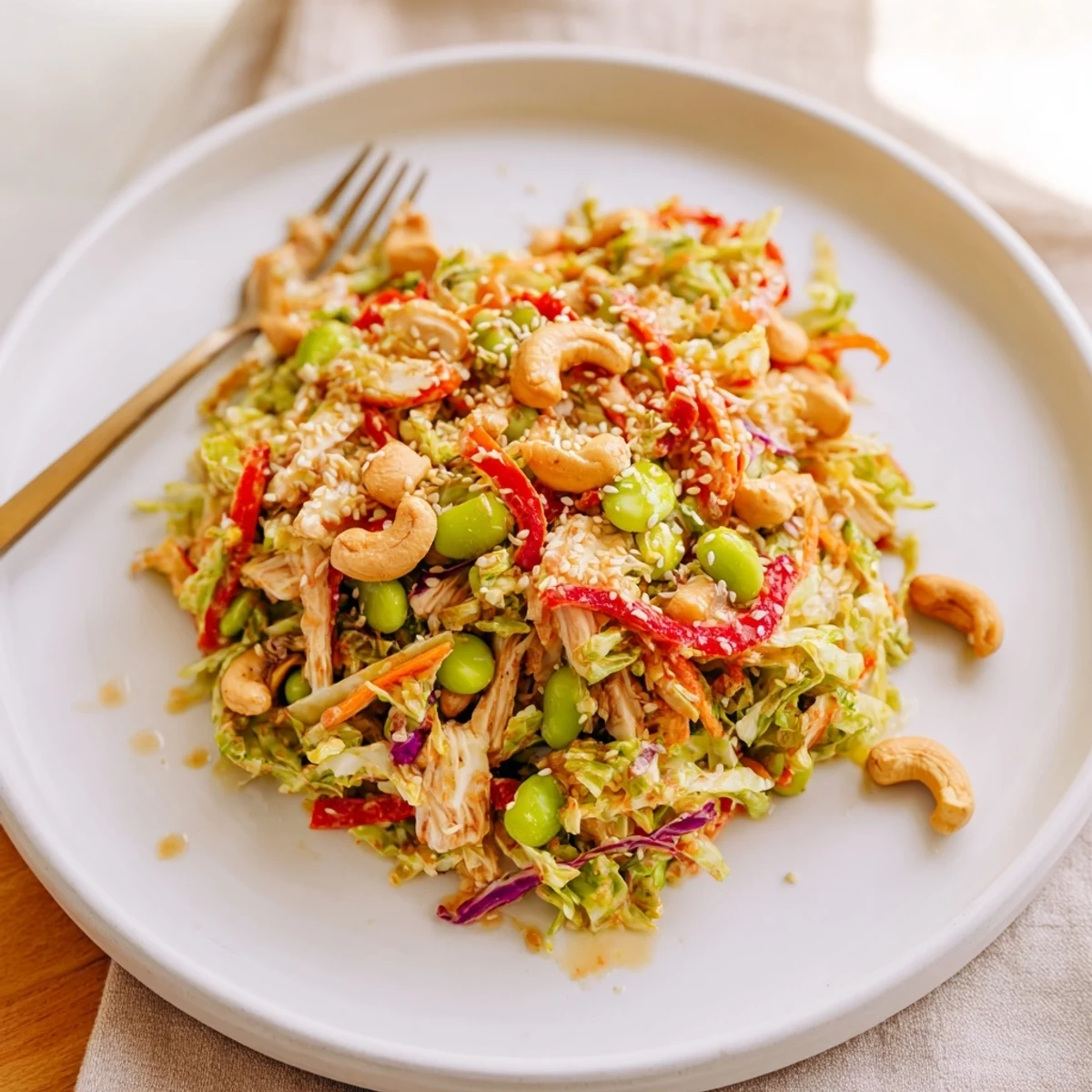 Freshly tossed Edamame Crunch Chicken Salad with shredded chicken, crisp cabbages, and carrots in a zesty ginger dressing.