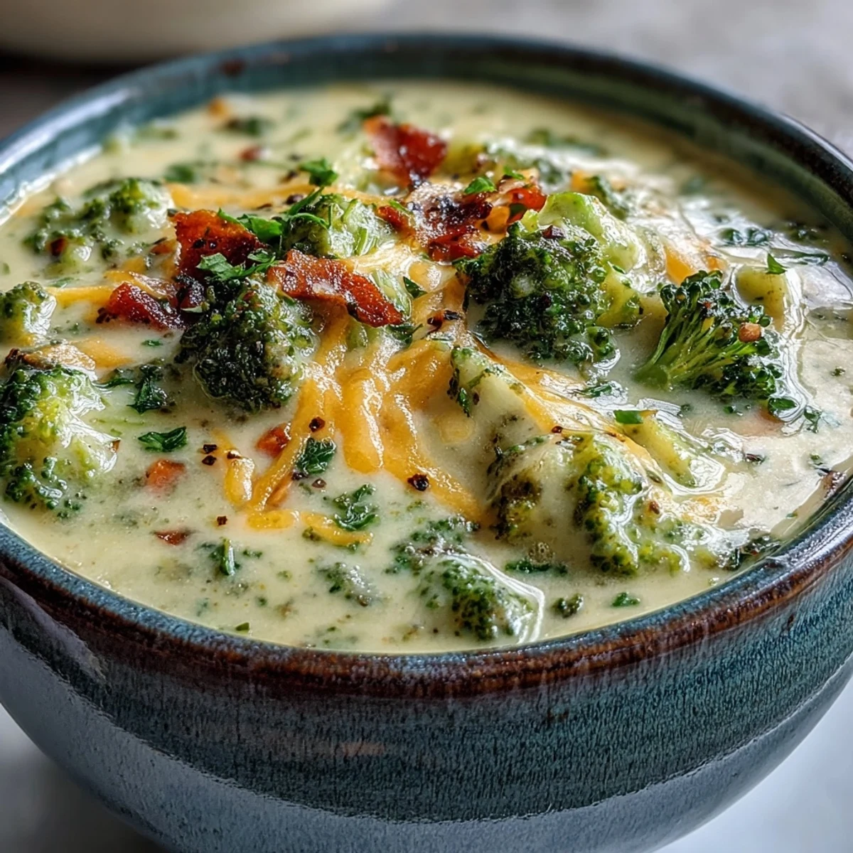 Golden, oven-roasted broccoli florets and diced carrots simmer in a pot for Roasted Broccoli Cheddar Soup.