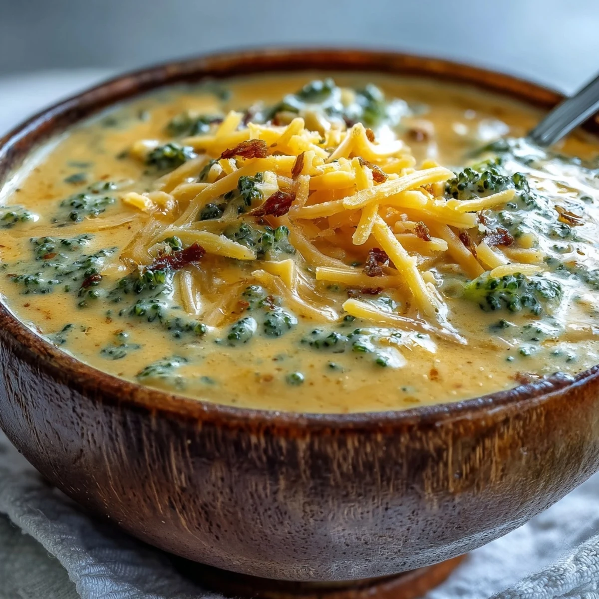 Creamy butternut squash broccoli cheddar soup in a rustic white bowl topped with extra cheese and roasted florets.