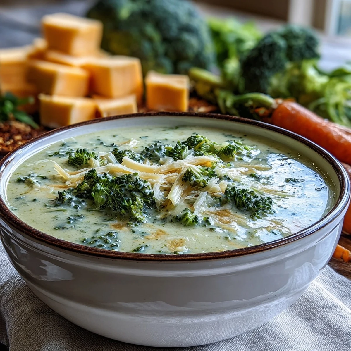 Rich vegetarian broccoli cheddar soup loaded with tender broccoli florets and sharp cheese.