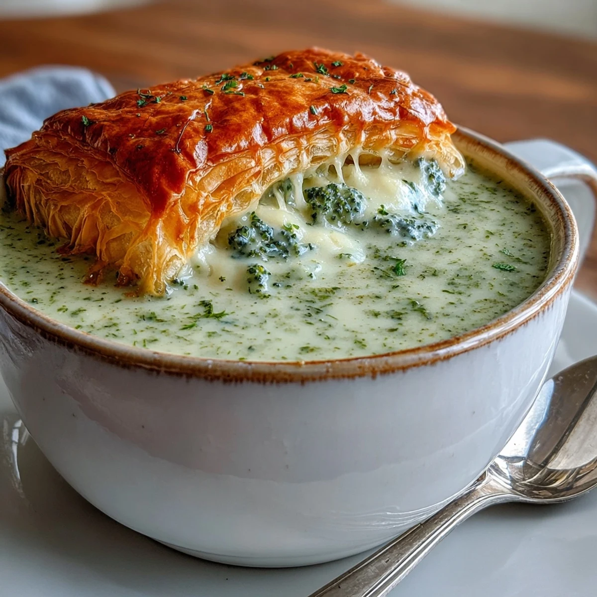 Creamy broccoli and butternut squash soup in a white bowl, topped with a golden, flaky cheese pastry for a cozy American lunch.