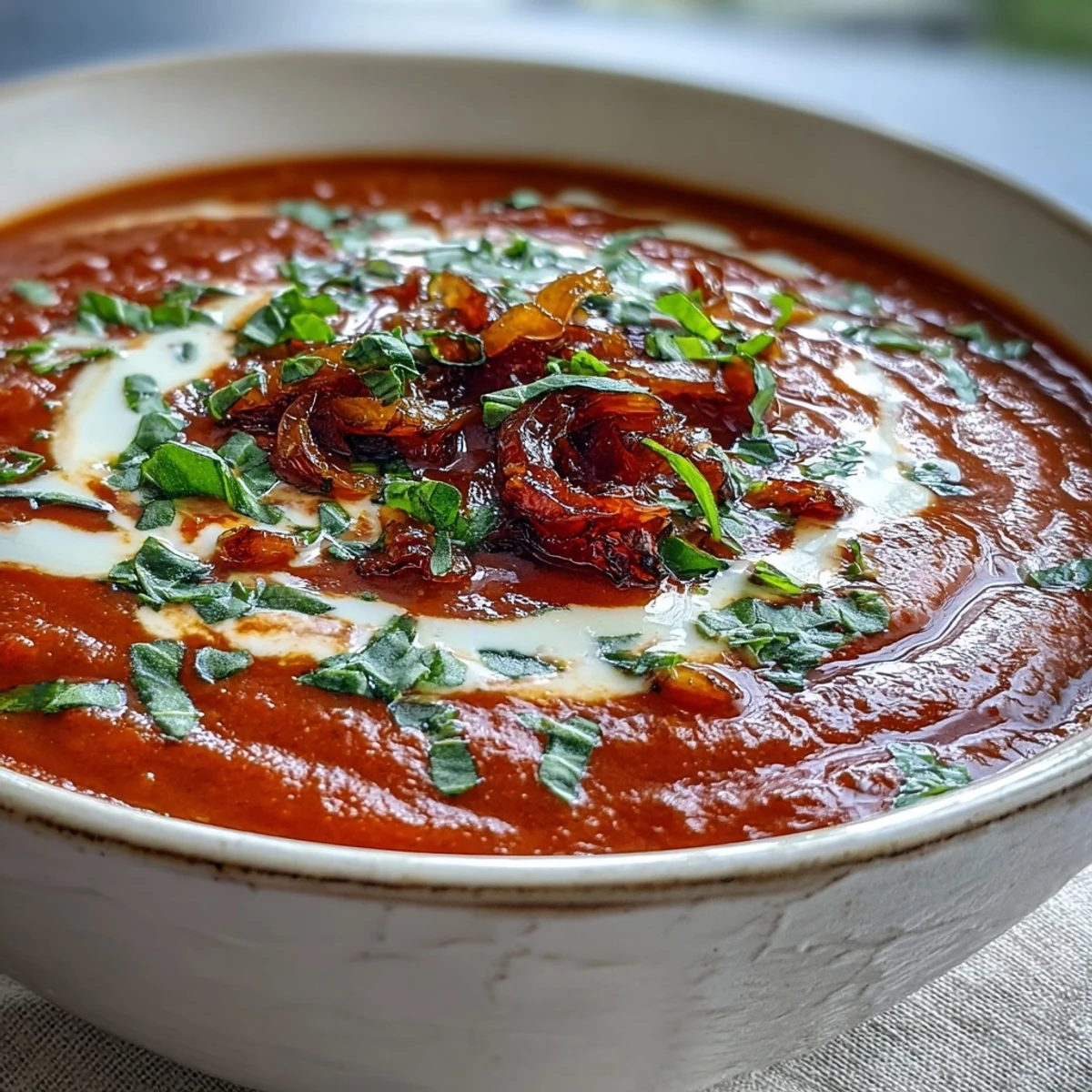 Homemade Roasted Tomato Basil Soup in a white bowl with a side of toasted bread for dipping and comfort.