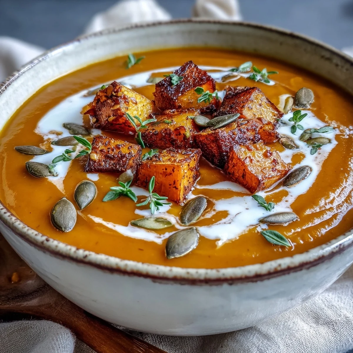 Golden bowls of Easy Roasted Butternut Squash Soup, garnished with toasted pumpkin seeds and fresh thyme.