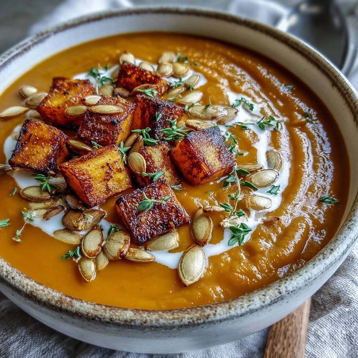 Creamy Easy Roasted Butternut Squash Soup in rustic mugs, perfect for a cozy autumn dinner.
