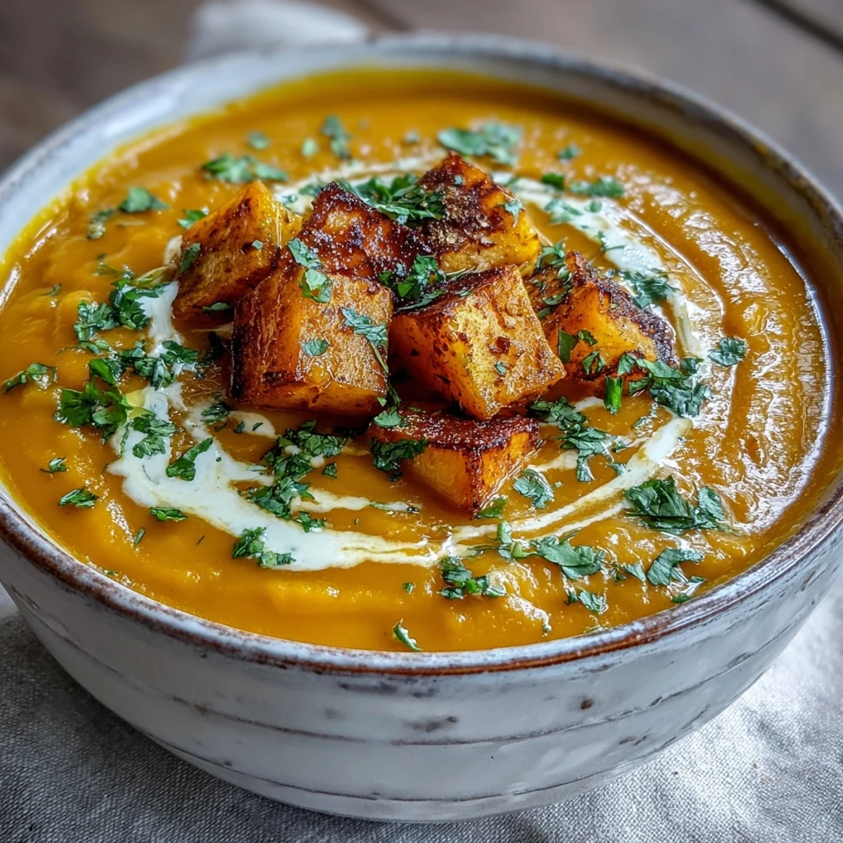 Creamy Butternut Squash and Lentil Soup garnished with cilantro and a coconut swirl.