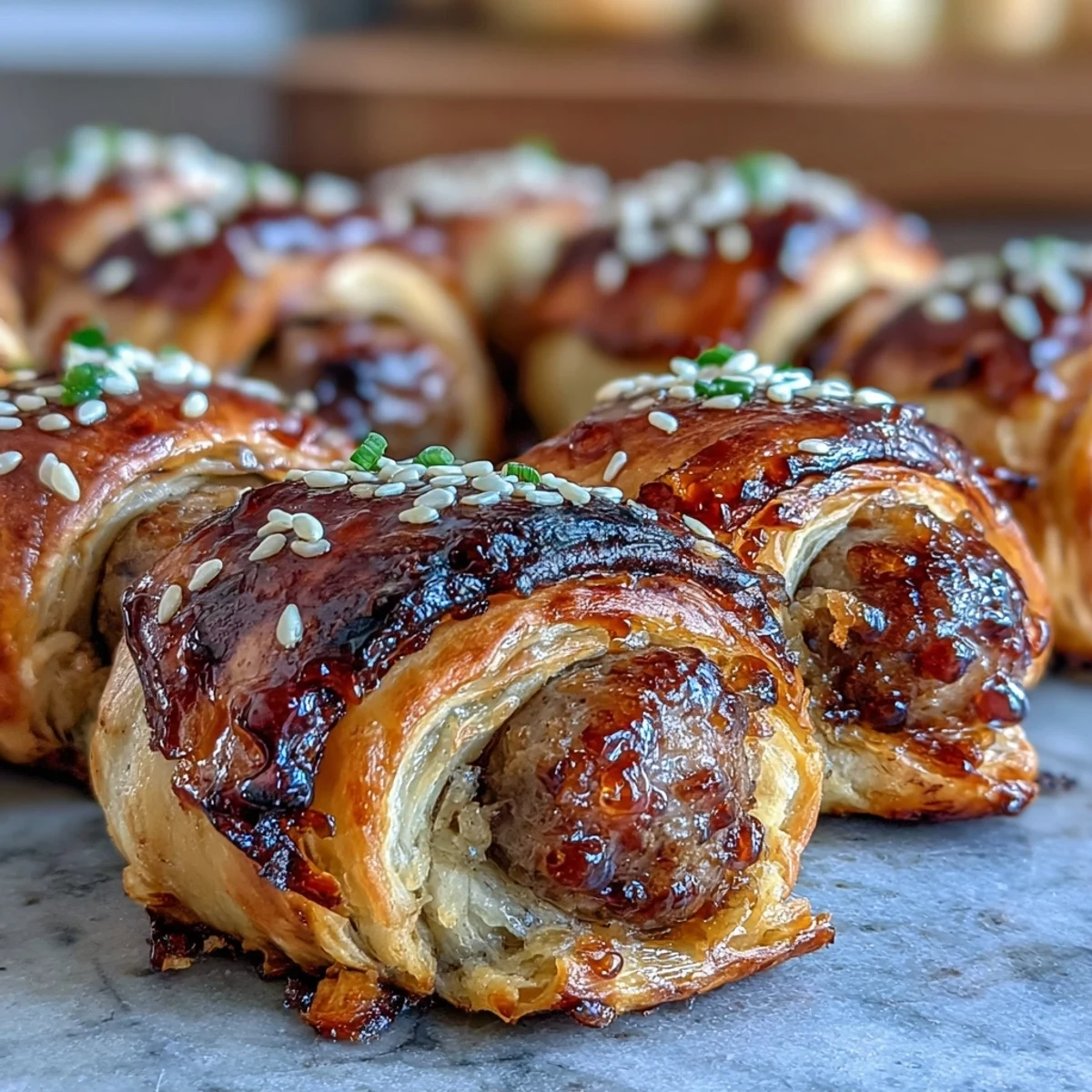 Golden-brown Pepper Jelly Hogs in a Blanket are fresh from the oven, featuring flaky pastry wrapped around juicy mini sausages. 