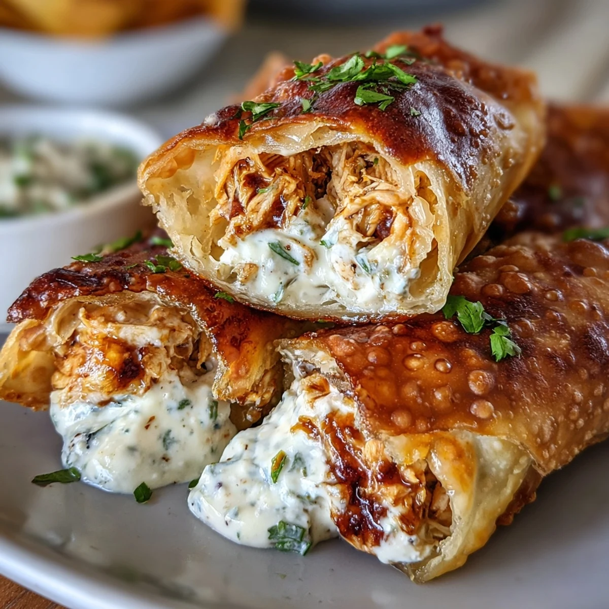 Golden brown Mini Chicken Chimis rest on a wire rack, revealing crispy egg roll wrappers beside a small bowl of green enchilada sauce.