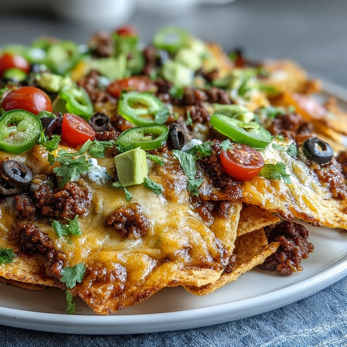 Golden Baked Nachos with seasoned ground beef, melted cheddar and Monterey Jack, topped with fresh tomatoes, jalapeños, and avocado.
