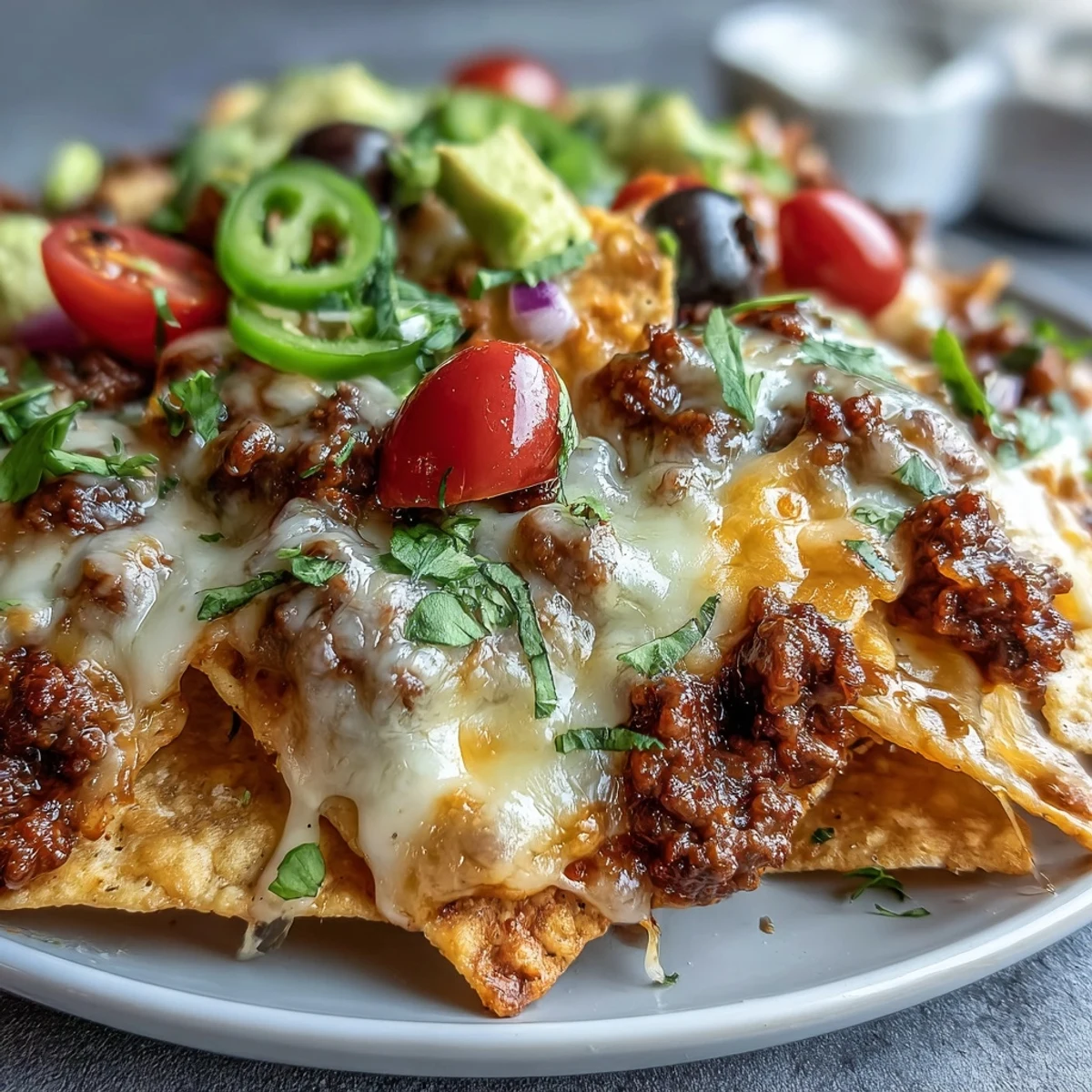 This platter of Baked Nachos offers a crispy base, savory beef, and gooey cheese, ready for a dollop of sour cream.