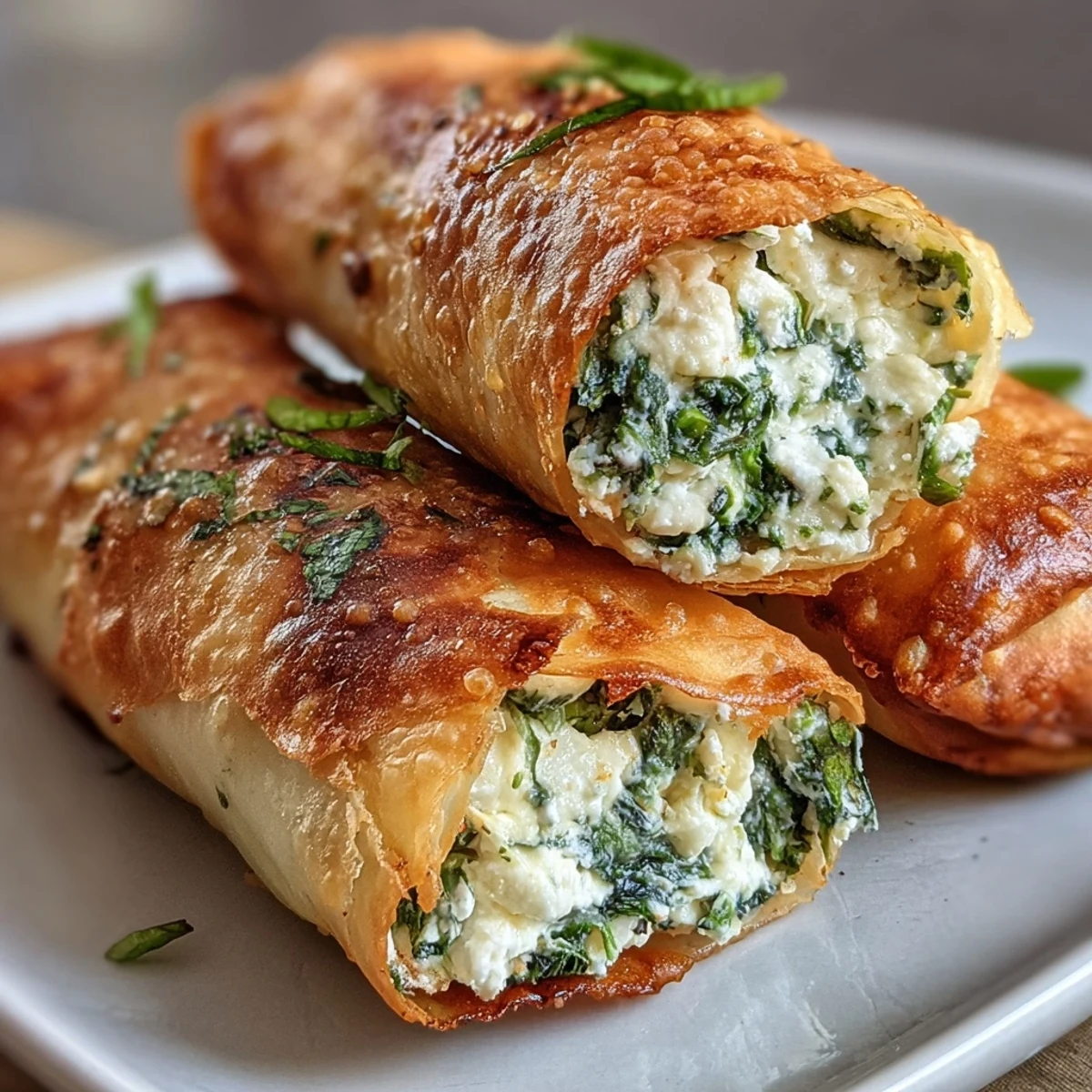 Close-up on a golden, crispy Spanakopita Spring Roll showing its spinach and feta filling, ready to eat.