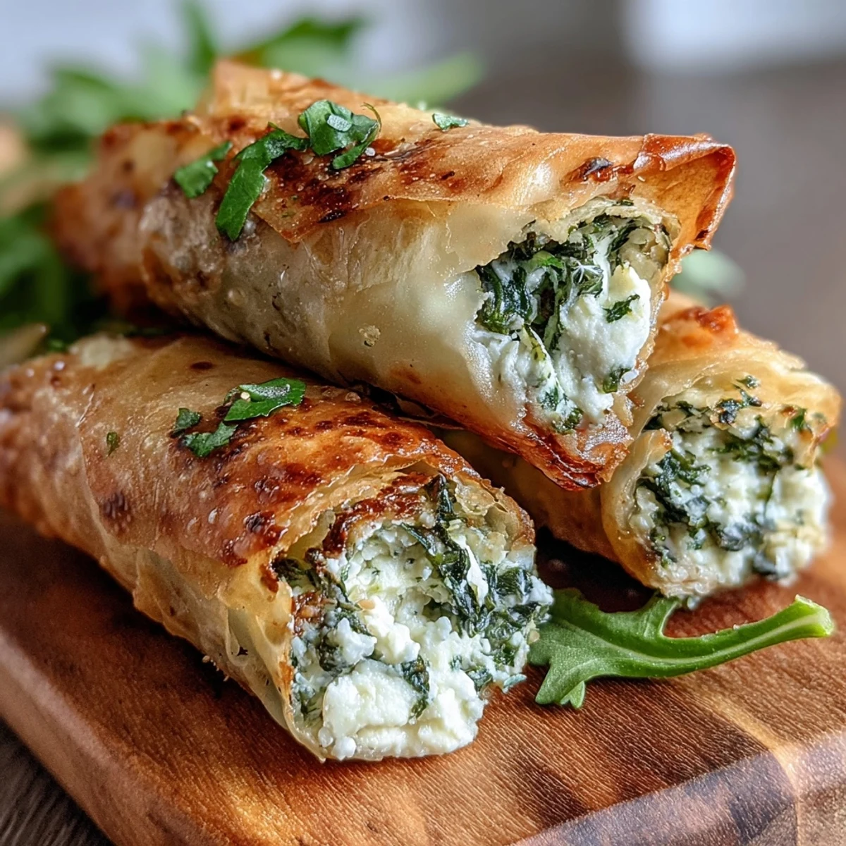 Six freshly fried Spanakopita Spring Rolls are arranged over parchment with a small bowl of tzatziki sauce.