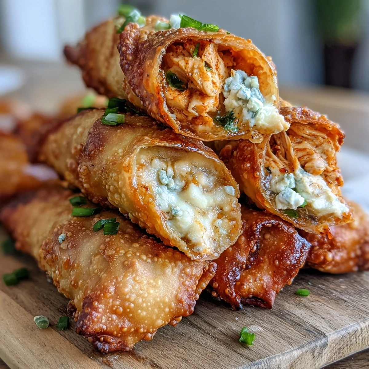Baked Buffalo Chicken Egg rolls on a wooden board, garnished with green onions and ready to dip in cool dressing.