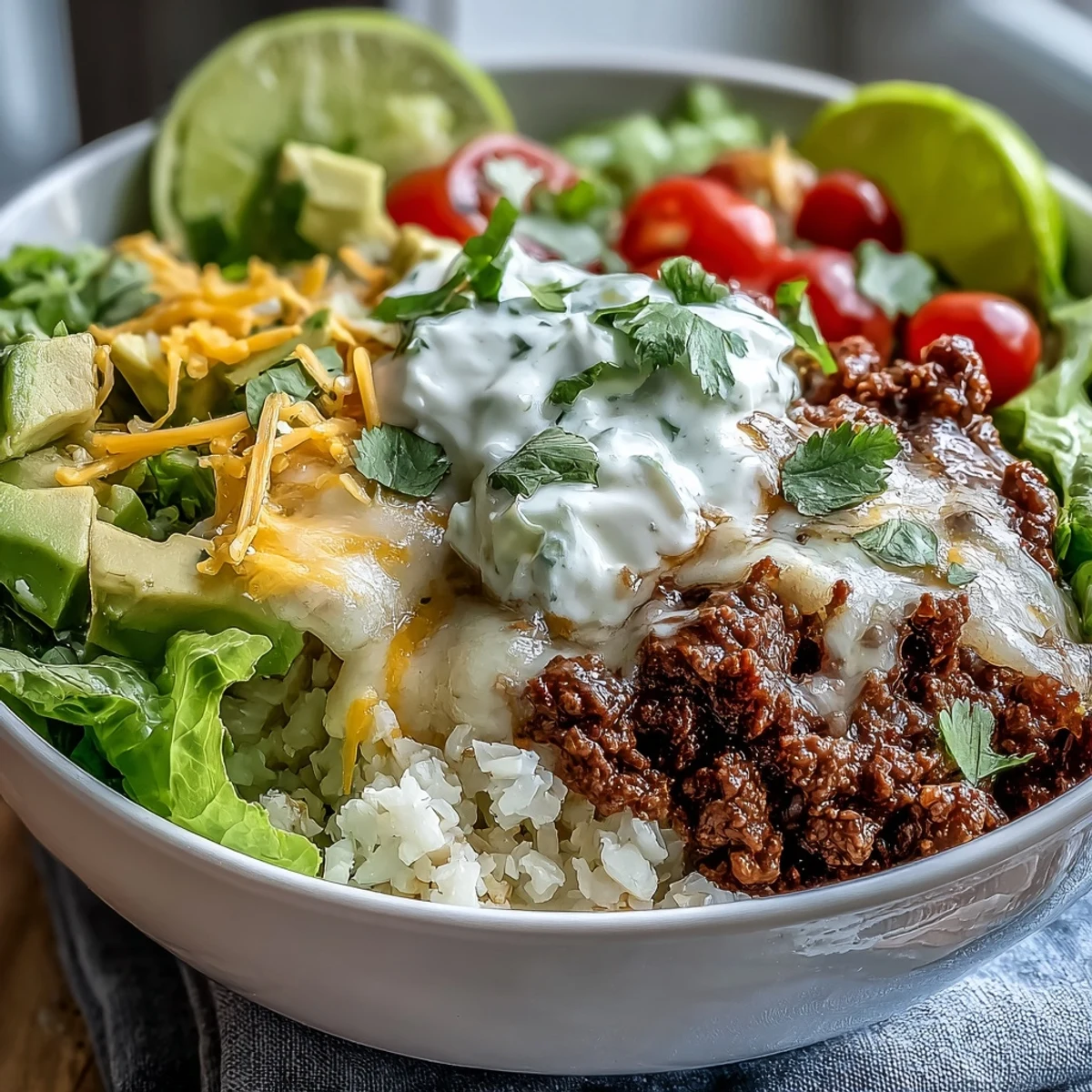 A freshly prepared Low Carb Burrito Bowl with sautéed cauliflower rice, seasoned beef, and fresh cilantro garnish, ready to eat.