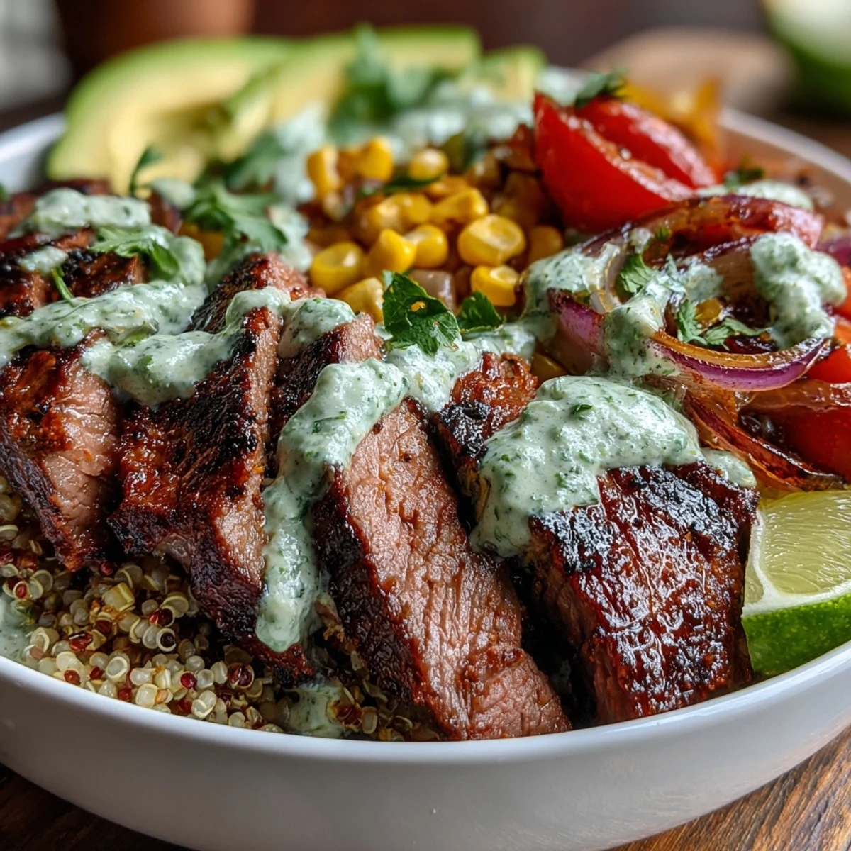 Juicy grilled steak and charred roasted corn share a bowl with sliced avocado, tomatoes, and cilantro cream sauce in this Tex-Mex dinner.