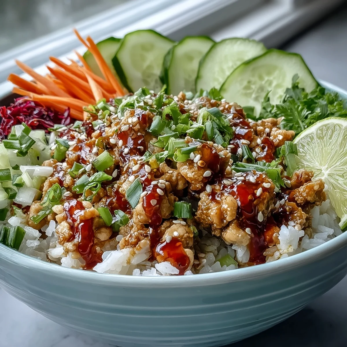 Savory Bang Bang Ground Turkey Rice Bowls with tender turkey, crispy veggies, and a drizzle of creamy bang bang sauce on steamed rice.