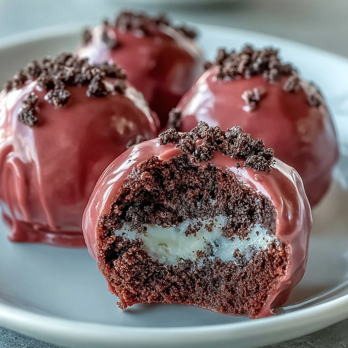 Close-up of Oreo Truffle Balls revealing a rich Oreo and cream cheese core beneath a pink shell.