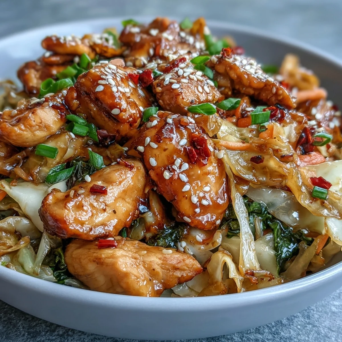 Sizzling ground chicken with garlic and ginger gets tossed with crisp cabbage and shredded carrots for a low-carb dinner. 