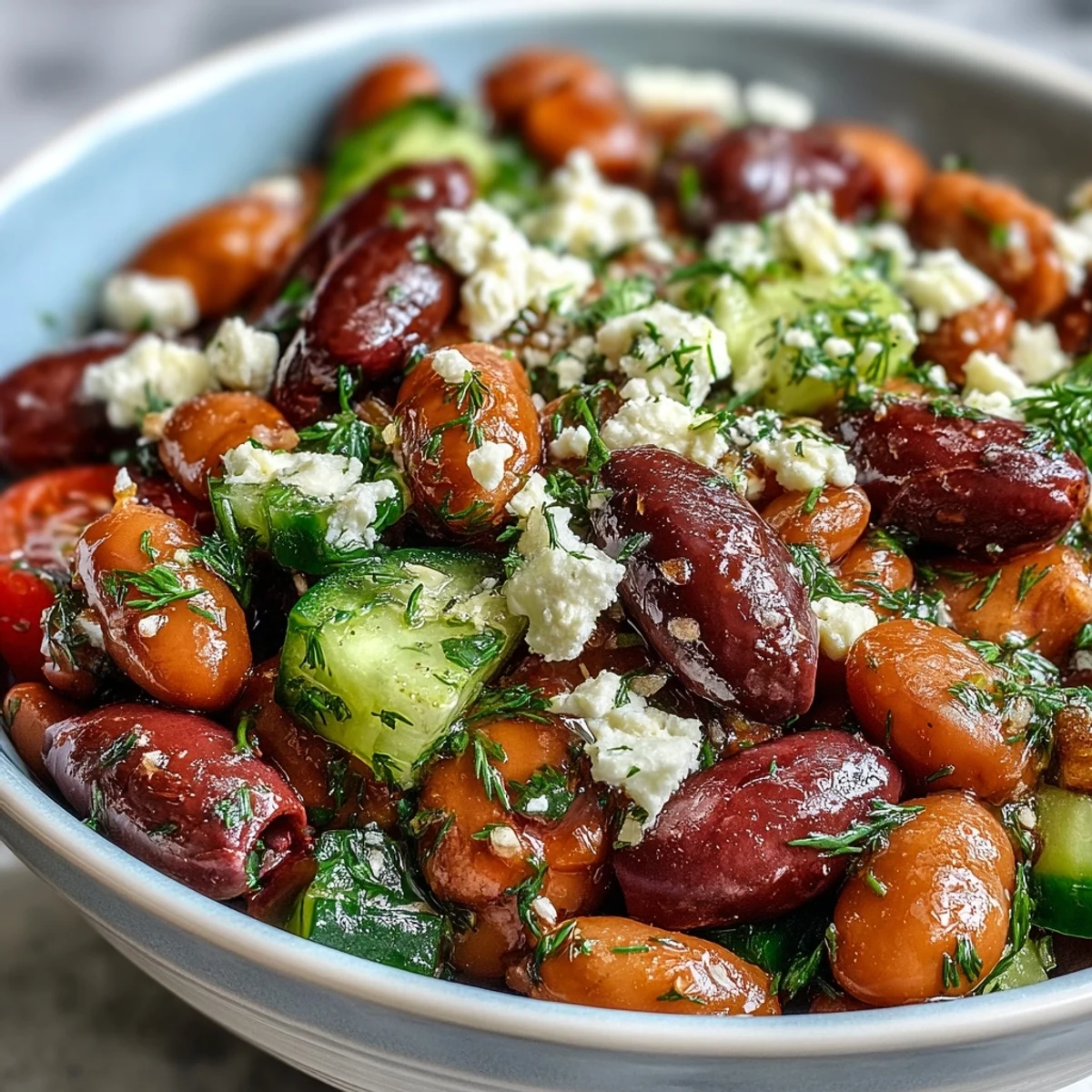 A close-up of Greek Bean Salad with Lemon Marinated Beans showcasing juicy tomatoes, cucumber, and briny Kalamata olives.