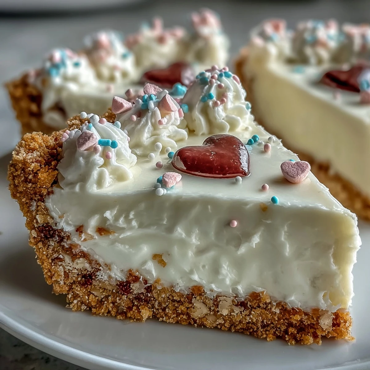 Layered dessert of airy cheesecake filling and sweet whipped frosting, with crunchy candy hearts and rainbow sprinkles adorning the sides.
