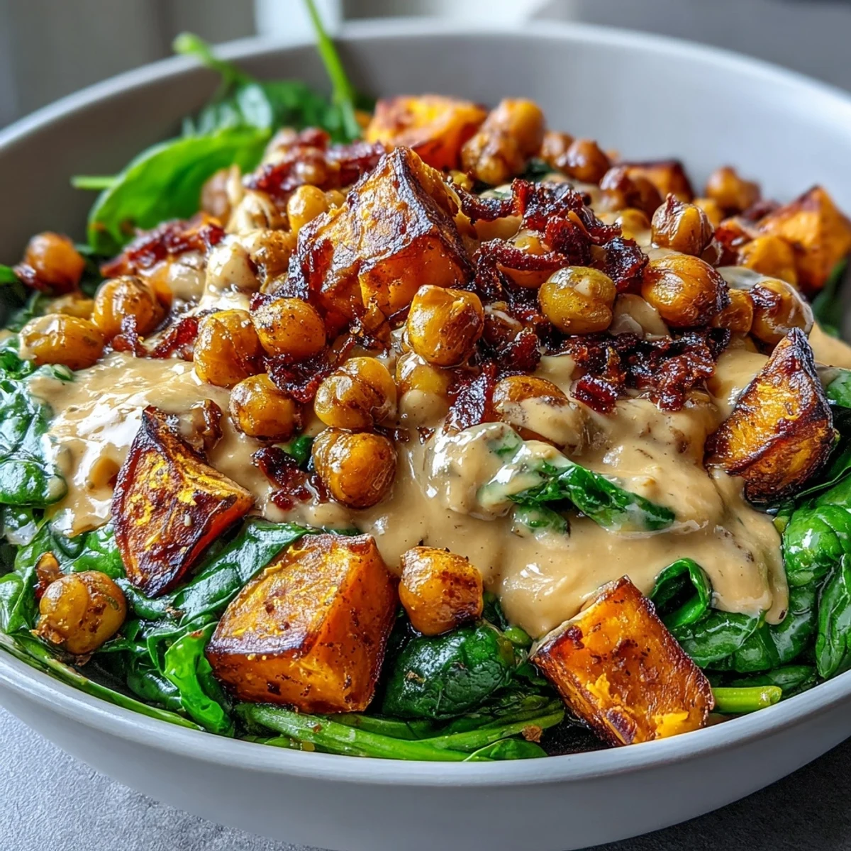 Healthy vegetarian Roasted Sweet Potato and Chickpea Bowl with golden roasted vegetables, crunchy pumpkin seeds, and fresh herbs.