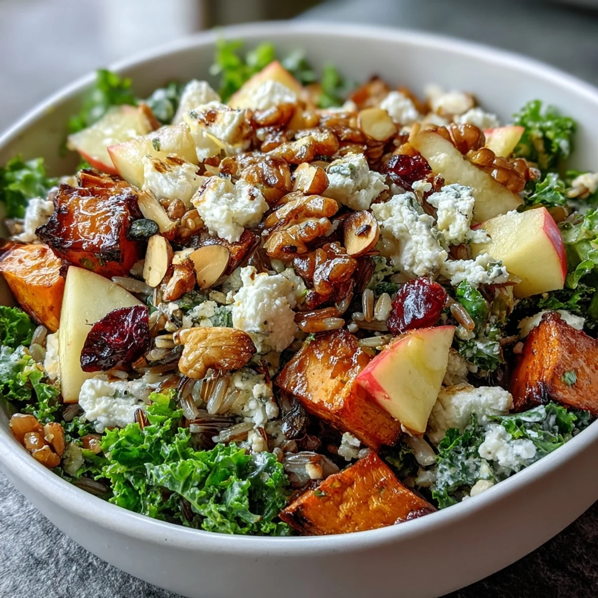 Golden roasted sweet potatoes and juicy chicken slices rest on a bed of kale and wild rice in this colorful Harvest Bowl.