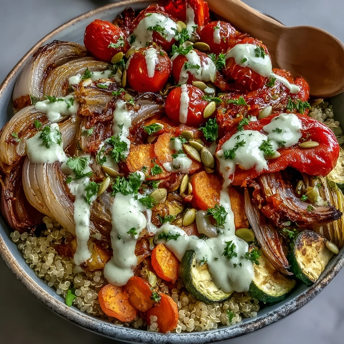 Gluten-free vegan roasted vegetable quinoa bowl with smoky paprika veggies and a drizzle of zesty tahini sauce.