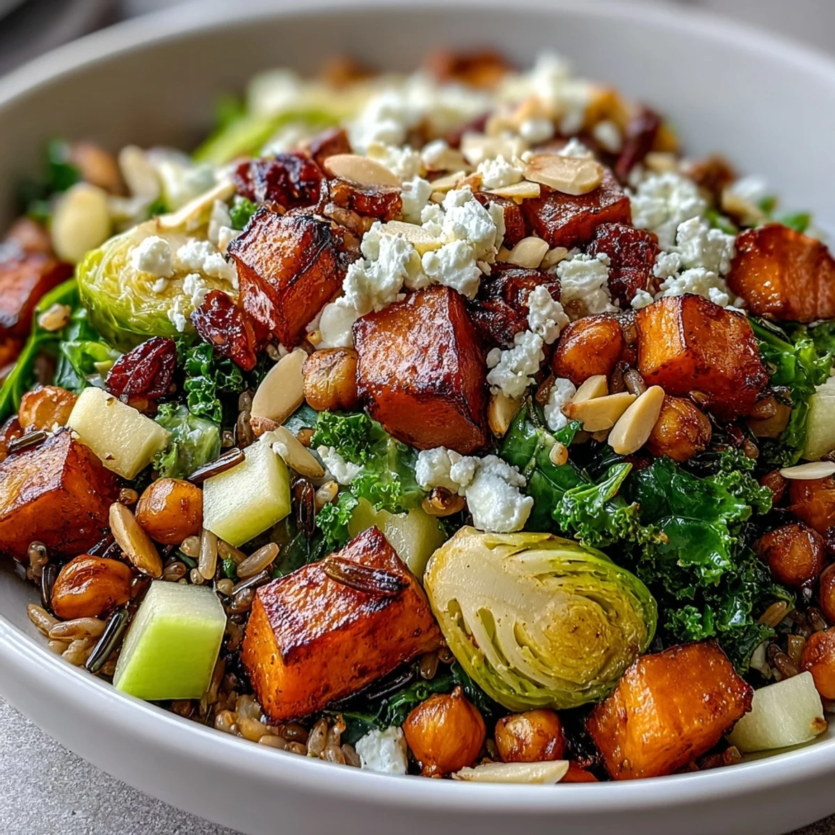 Fall Harvest Bowl with kale, wild rice, roasted sweet potatoes, Brussels sprouts, crispy chickpeas, and fresh apples.