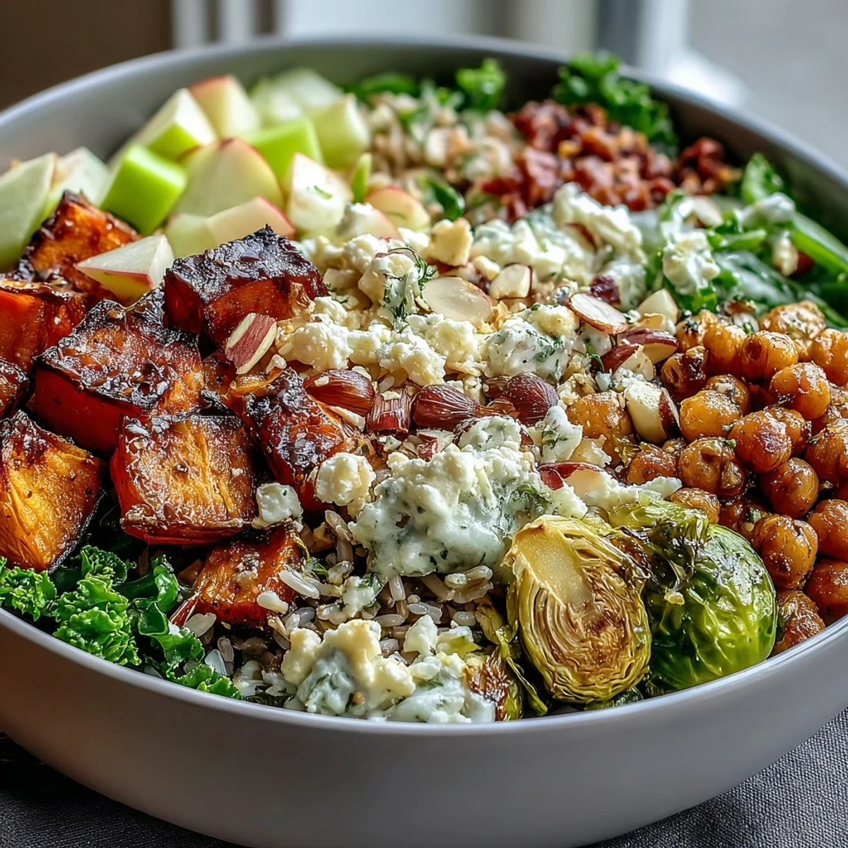 Vibrant Fall Harvest Bowl drizzled with maple-Dijon dressing, served warm for a cozy autumn meal.