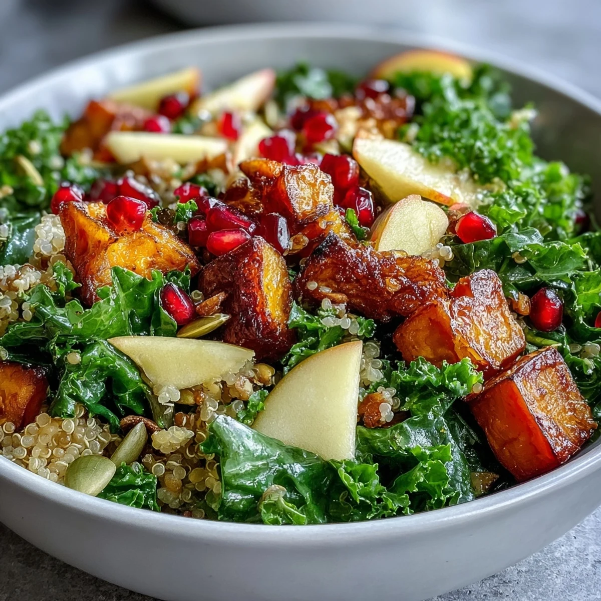 Kale Harvest Grain Bowl topped with crisp apples, crunchy pepitas, and golden roasted vegetables