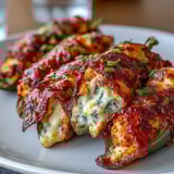 Freshly baked Buffalo Wing Poppers with bubbling cheese and a drizzle of tangy buffalo sauce on a rustic platter.