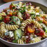 Easy Picnic Pasta Salad with Italian Dressing: vibrant rotini tossed with fresh veggies, mozzarella, and zesty Italian dressing, perfect for summer gatherings.