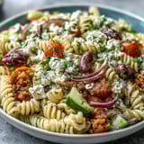 Colorful Greek pasta salad with juicy tomatoes, crisp cucumbers, briny olives, and creamy feta, tossed in zesty olive oil dressing.  