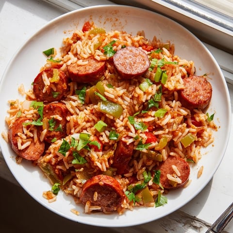 Cajun Sausage and Rice Skillet: a savory blend of smoky sausage and vegetables.