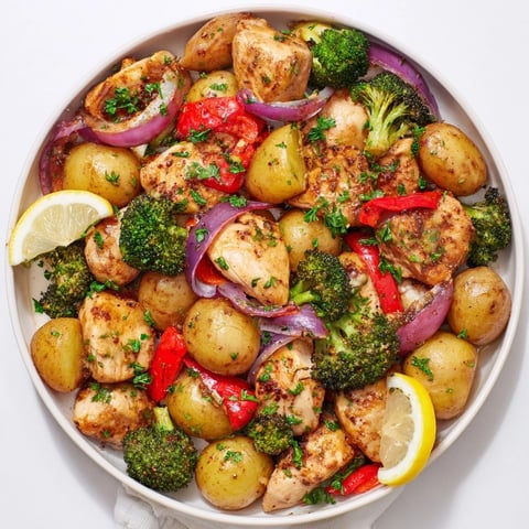A colorful Lazy Gourmet Chicken & Vegetable One-Pot meal on a rustic table.  