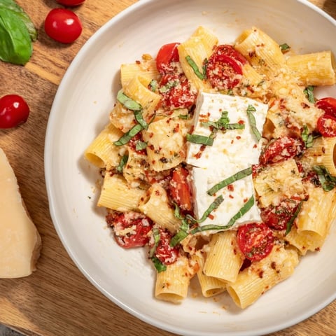 Golden, bubbly Four-Cheese Baked Block Pasta with bursting tomatoes and melted cheese, a comforting meal.