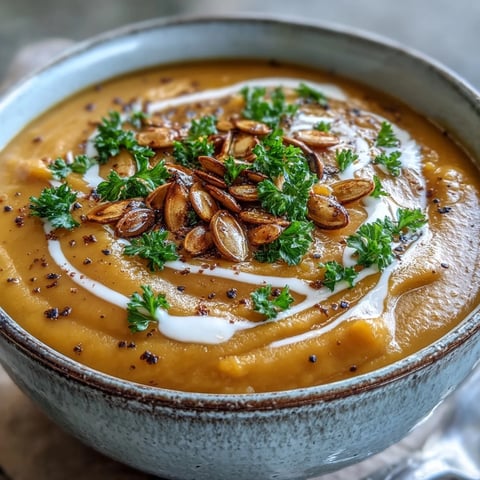 Creamy Roasted Broccoli and Butternut Squash Soup garnished with pumpkin seeds, served in a rustic bowl.