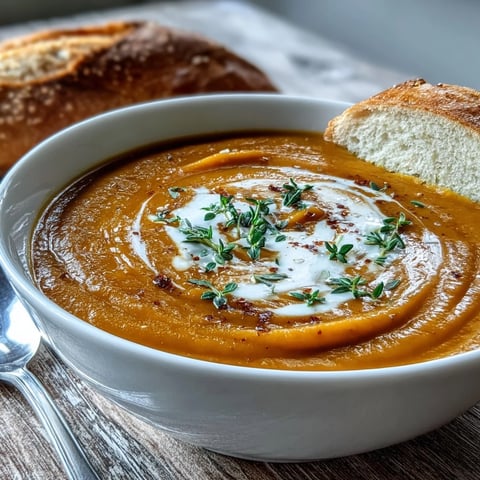 A warm bowl of Butternut Squash and Apple Soup, garnished with pumpkin seeds and a cream swirl.