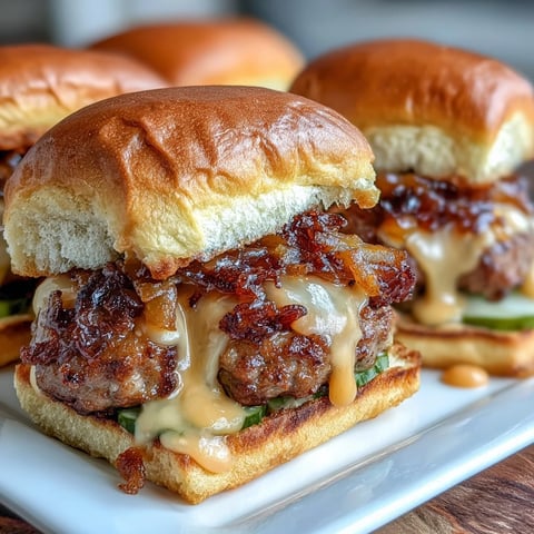 Golden-brown Touchdown Brat Sliders with beer cheese sauce, caramelized onions, and pickles on soft buns.