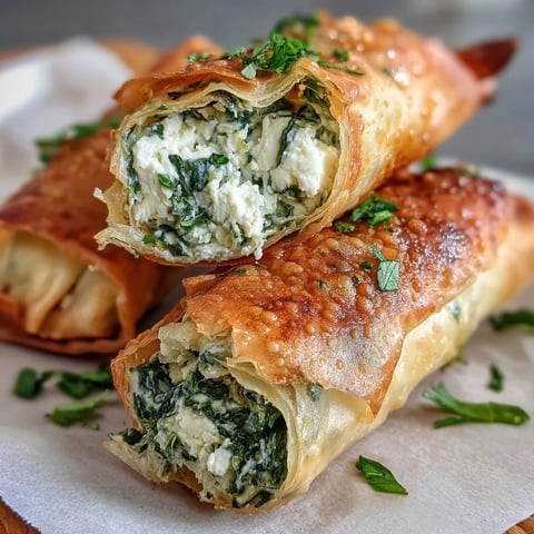 Golden-brown Spanakopita Spring Rolls sit on a white plate with a creamy yogurt-dill dip and lemon wedges.