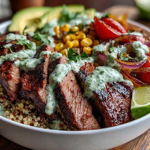 Juicy grilled steak and charred roasted corn share a bowl with sliced avocado, tomatoes, and cilantro cream sauce in this Tex-Mex dinner.