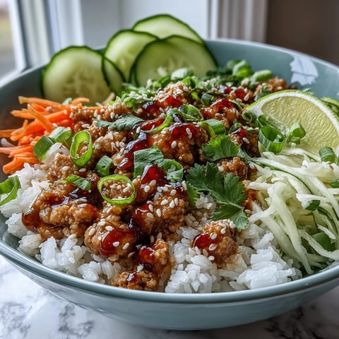 Vibrant Bang Bang Ground Turkey Rice Bowls feature saucy turkey, crunchy carrots, cucumbers, and red cabbage on fluffy rice with sesame-scallion garnish.
